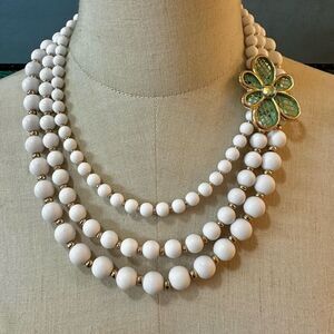 Charming Charlie white beaded green flower multi strand statement necklace